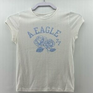 American Eagle Women's Ribbed Graphic Tee Roses Logo White‎ Blue Sz Small